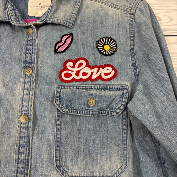 American Eagle Vintage Patchwork Denim Long Sleeve Button Down Shirt Medium - Picture 3 of 16